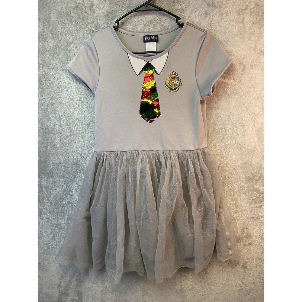 Harry Potter Girls Dress XL 14/16 Gray Hogwarts Sequin Tie Tulle
